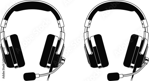 Gaming headset with microphone silhouettes, audio headphones communication device icons, streaming and call center equipment vector illustration