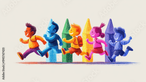Colorful crayon children running playful kid school backpack happy childhood rainbow color creative art education learning fun joyful colorful