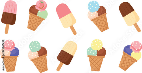 Colorful Ice Cream Vector Set with Popsicles and Waffle Cones Sweet Dessert Illustration Collection for Summer Menu Kids Treat and Food Design