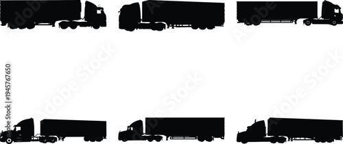 Group of six black silhouette semi-trailer trucks, varied styles and views, representing the trucking industry and global shipping networks.