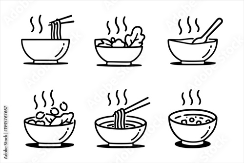 Collection of hot food bowls with steam, simple line art vector illustrations