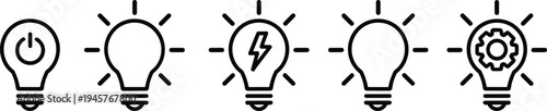 Light bulb idea process icons showing power startup energy lightning innovation and gear concept line vector illustration