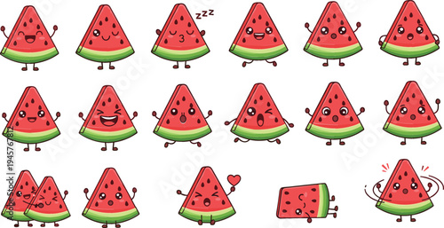 Cute watermelon cartoon characters vector set with smiling fruit mascots, funny expressions, kawaii summer food illustration collection