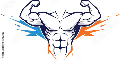 A muscular cartoon character flexing its arms in a powerful pose with blue and orange accents