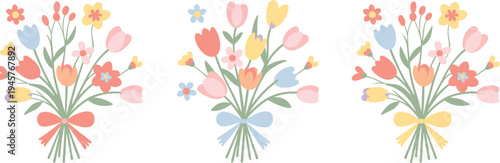 Pastel spring flower bouquets set with tulips leaves and ribbon bows decorative floral arrangement vector illustration isolated design collection
