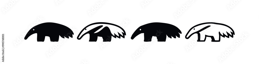 Fototapeta premium Cartoon Anteater Icon Set. Stylized Mammal Silhouette and Outline Illustrations, Forest Animal Collection.