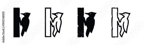 Woodpecker Vector Icons. Bird Silhouette and Outline Illustrations Perched on a Tree Trunk.