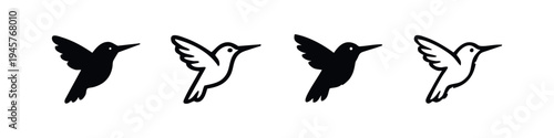 Hummingbird Vector Icons. Flying Bird Silhouette and Outline Illustrations, Nature and Wildlife Set.