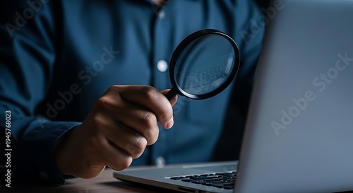 Man examines laptop screen with magnifying glass for detailed inspection