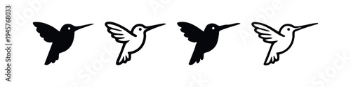 Hummingbird icon set. Black silhouette and outline style of a small bird in flight. Nature, wildlife and avian fauna vector illustration.