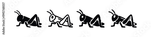 Grasshopper icon set. Black silhouette and outline style of an insect. Nature, agriculture and entomology vector illustration.