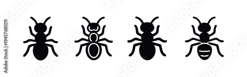 Ant icon set. Black silhouette and outline style of an insect. Pest control, nature and entomology vector illustration.