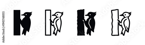 Woodpecker icon set. Black silhouette and outline style of bird pecking on a tree trunk. Nature, wildlife and fauna vector illustration.