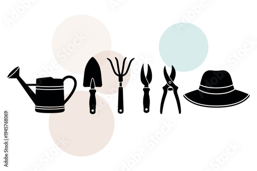 Silhouette set of garden maintenance tools with trowel rake pruning shears and watering can for horticulture and domestic plant care projects vector illustration design