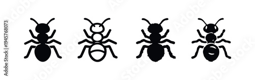 Ant icon set. Black silhouette and outline style of an insect. Pest control, nature and entomology vector illustration.
