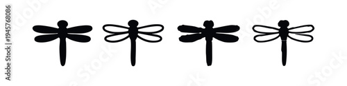 Dragonfly icon set. Black silhouette and outline style of an insect. Nature, summer and entomology vector illustration.