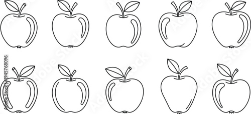 Apple Outline Icon Set Hand Drawn Fruit Vector Collection with Leaf Simple Line Illustration for Healthy Food Design Market Label and Nutrition Graphics