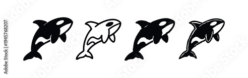 Orca Killer Whale Side Profile Icons. Cartoon Orca Silhouette and Line Art Set for Marine Design.