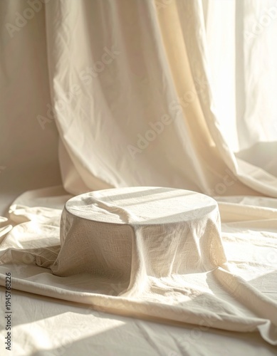 Neutral Fabric Display Platform Bathed in Soft Sunlight