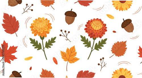 Autumn leaves and chrysanthemum flowers vector set with acorns, falling foliage, and seasonal fall botanical elements