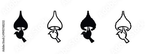 Bird in Nest or Feeder Icon Set. Stylized Avian Habitat Silhouette and Outline.