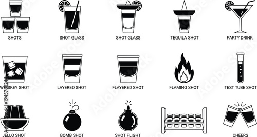 Alcoholic shots icons, tequila shot, whiskey shot, layered shot, flaming shot, jello shot, bomb shot, party drinks, cheers illustration