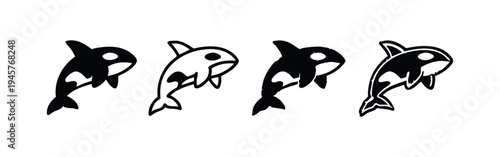Orca Killer Whale Icon Set. Stylized Black and White Marine Mammal Silhouettes and Outlines.
