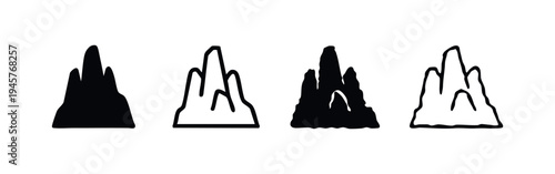 Abstract Mountain Peaks Silhouette and Outline Icons. Set of Nature Rock Landscape Symbols.