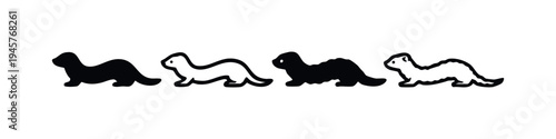 Weasel or Ferret Silhouette and Outline Icon Set