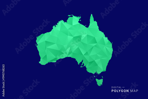 Australia Map - low poly polygon vector, geometric triangulated silhouette in green and blue tones, clean modern style, isolated background for infographic use.