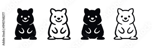 Cheerful Quokka Silhouette and Outline Icons (Front View)