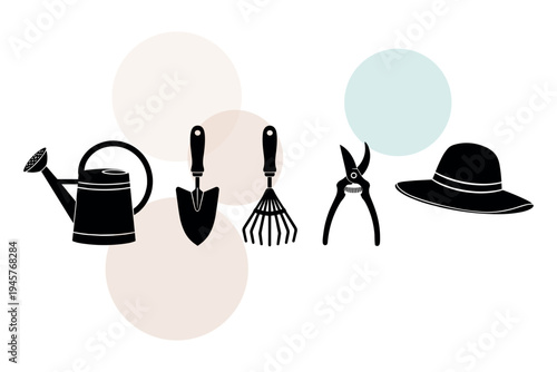 Silhouette set of garden equipment featuring wide brimmed sun hat watering can hand cultivator and trowel for outdoor landscaping projects and yard care vector illustration design