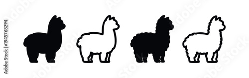 Standing Alpaca or Llama Silhouette and Outline Icons