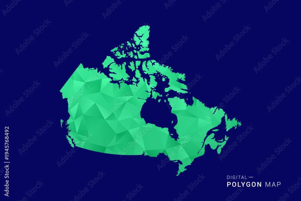 Obraz premium Canada Map - low poly polygon vector, geometric triangulated silhouette in green and blue tones, clean modern style, isolated background for infographic use.