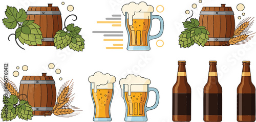 Beer brewing elements vector set with beer mugs, bottles, wooden barrels, hops leaves, barley grains, and craft brewery drink illustrations