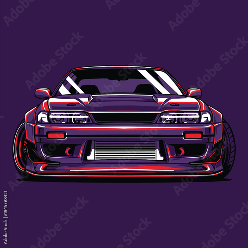 A sleek purple sports car with red accents is shown in a digital illustration tshirt design