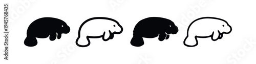 Stylized swimming manatee icon set in black and white silhouette