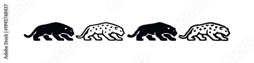 Stylized walking leopard or jaguar icon set in black and white silhouette