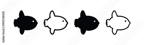 Stylized ocean sunfish (Mola mola) icon set in black and white silhouette