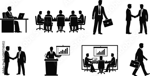 Business silhouette set featuring office professionals in meetings, giving presentations, shaking hands for deals, working at desks, and walking with briefcases for corporate concepts.