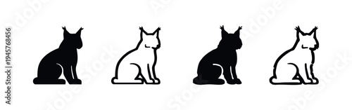 Stylized sitting lynx cat icon set in black and white silhouette