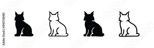 Stylized sitting lynx cat icon set in black and white silhouette