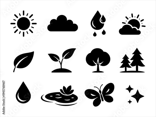 Diverse nature and weather elements captured in a clean and harmonious icon set