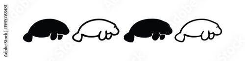 Stylized swimming manatee icon set in black and white silhouette