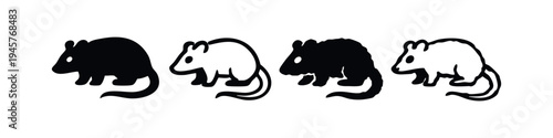 Stylized walking rat or rodent icon set in black and white silhouette