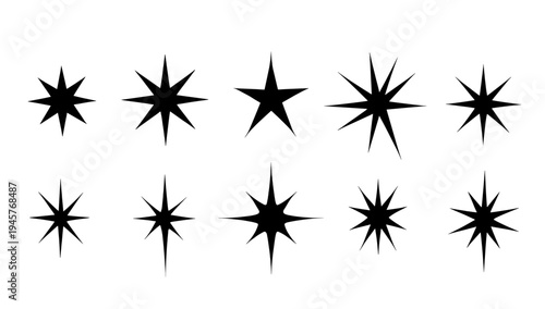 A minimalist design featuring two black starburst shapes on a white background, conveying navigation and direction.