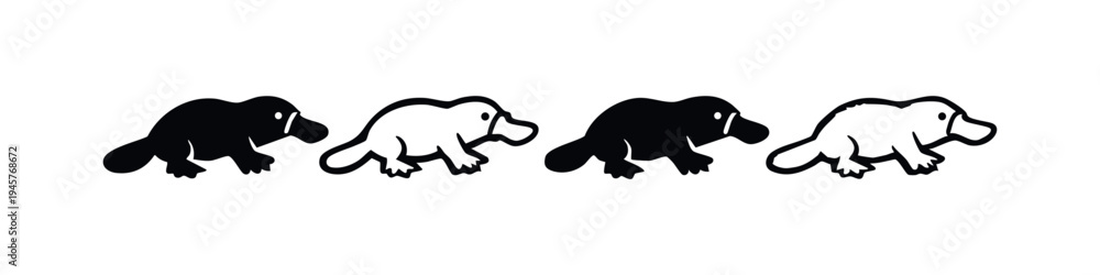 Fototapeta premium Stylized Platypus Icon Set with Solid and Outline Silhouettes, Monotreme Vector Art