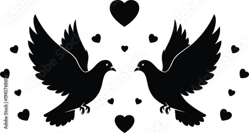Flying, love, birds, silhouette, with, hearts, romantic, couple, wings, wildlife, nature, symbol, valentine, black, vector, illustration, romance, decorative, design, icon