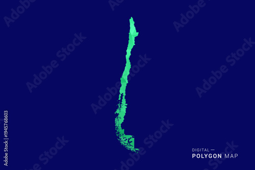 Chile Map - low poly polygon vector, geometric triangulated silhouette in green and blue tones, clean modern style, isolated background for infographic use.