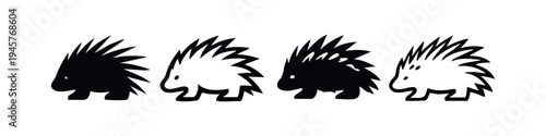 Collection of stylized porcupine icons. Black silhouette and outline illustrations on a white background. Vector set.
